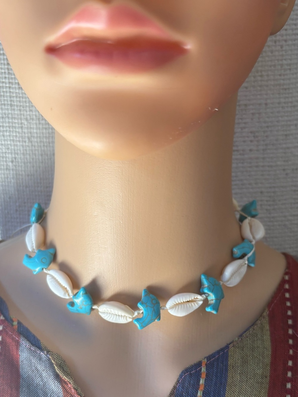 Turquoise Chip Fish and White Cowrie Shell Choker Necklace